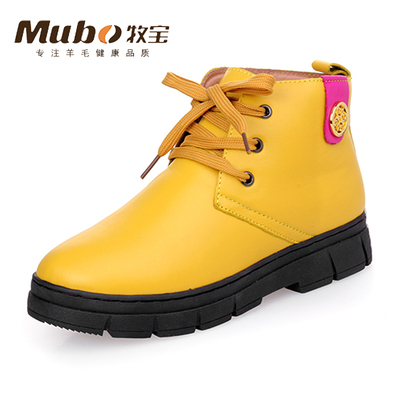 Mubo/牧宝2015真皮女靴平跟马丁靴 澳洲羊毛秋冬短靴冬季保暖鞋