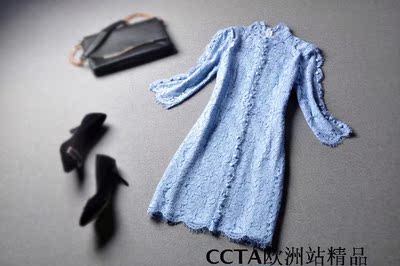 CCTA欧洲站精品连衣裙蕾丝中袖修身小立领连衣裙