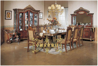 欧式实木餐桌 四门酒柜 餐椅实木雕花/描金工艺 豪华成套家具