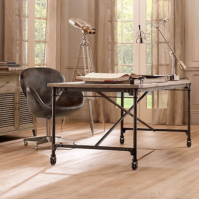 美式复古实木铁艺工作台 做旧书桌 餐桌 创意带轮办公桌 电脑桌