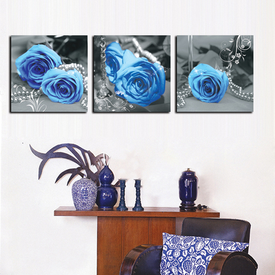 新款印花DMC十字绣客厅卧室三联画简约现代花卉画蓝玫瑰蓝色妖姬
