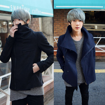 特秋冬季韩版男士大翻领藏蓝黑色斜拉链短款修身毛呢子夹克外套潮
