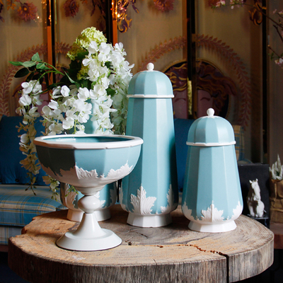 欧式家居客厅餐厅装饰摆件奢华古典陶瓷果盘地中海储物罐瓶子器皿