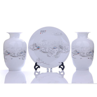 景德镇陶瓷器雪景图三件套花瓶盘子现代家居装饰品摆件设工艺礼品
