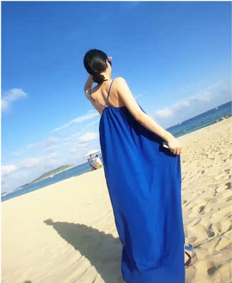 2014春夏季新款 韩版女装度假风绝美宝蓝挂脖吊带长裙 长款连衣裙