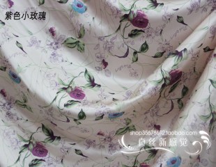 100桑蚕丝 纯真丝素绉缎面料子布料丝绸布料 紫色小玫瑰
