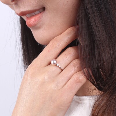 心形珍珠戒指 925纯银气质带钻女款 强光可调解大小送女友礼物