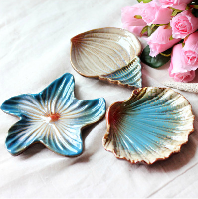 地中海陶瓷海星海贝海螺三件套 果盘碟子 肥皂盒酒店家居装饰