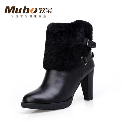 MUBO牧宝2015冬季新款经典粗跟短靴欧美真皮高跟女鞋高跟鞋SW1387