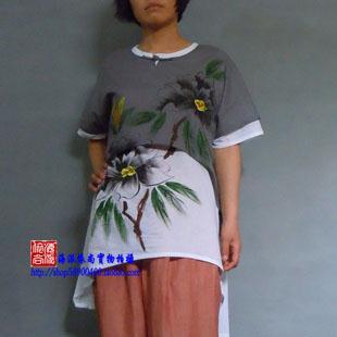 大码女装中式改良中国民族风手绘花圆领短袖宽松休闲上衣W0029