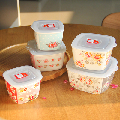 田园方形陶瓷保鲜碗茶花保鲜盒家用饭盒日式便当盒冰箱收纳盒密封