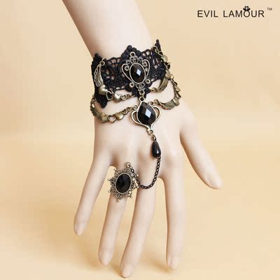 2014个性腕饰哥特风宫廷复古黑色宝石珍珠蕾丝手链连戒指一体链