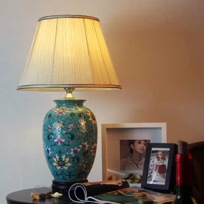 复古可调光客厅卧室床头台灯 陶瓷个性创意温馨浪漫蓝色调光台灯