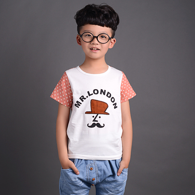 拇指鱼儿童新款短袖T恤男童韩版麻棉布拼接衣服中大童潮品 特价
