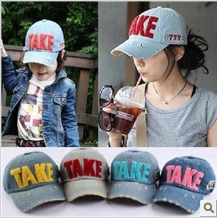 韩版男女童棒球帽 TAKE水洗牛仔布儿童帽子鸭舌帽遮阳帽亲子帽