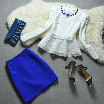 CCTA欧洲站套装长袖雪纺钉珠衬衫蓝色一步短裙名媛香风
