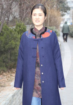 【春的气息】香纱衣族原创设计藏蓝羊毛拼香云纱中长款外套