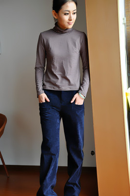 【醉春风】原创设计条绒女裤子  休闲女式直筒裤长裤薄款蓝色潮裤