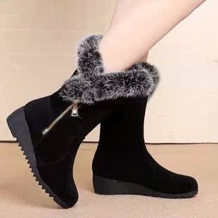 2016韩版冬季新品雪地靴女短筒真毛棉鞋坡跟中筒靴加绒保暖雪地靴