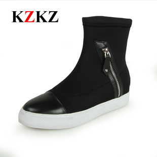 KZKZ2015秋季新款高帮鞋平底真皮潮弹力布学生内增高休闲板鞋