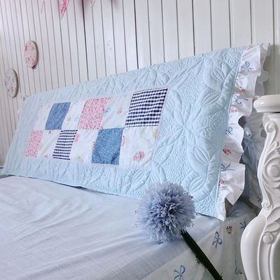韩田园风格蓝色格子拼布床头套 绗绣夹棉防尘床头罩特价两套免邮
