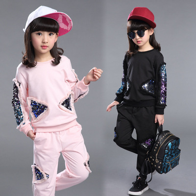 童装女童春装新款套装 2016儿童亮片绣休闲运动两件套韩版中大童