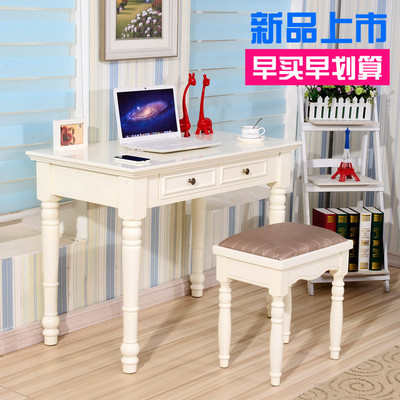 实木美式学习桌白色笔记本电脑桌欧式台式电脑桌简约书桌书架组合
