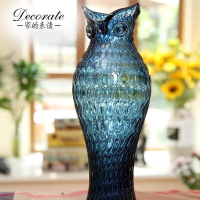 家的表情家居饰品蓝色调猫头鹰玻璃花瓶摆件花瓶客厅装饰品花瓶