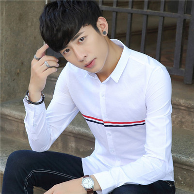韩版男式衬衣红白蓝条纹情侣款新款男士 长袖其衬衫秋季