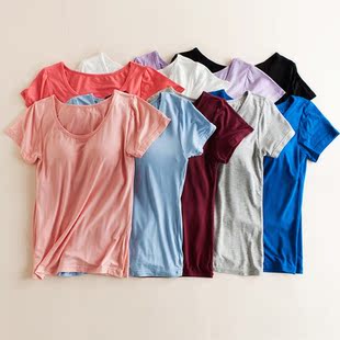 包邮莫代尔纯色纯棉带罩杯胸垫一体式免文胸BRA-T背心瑜伽短袖T恤
