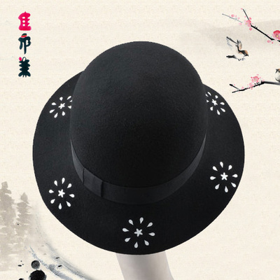 韩版花瓣图案帽子女士纯羊毛毡帽圆顶爵士帽礼帽出游拍照时装帽子