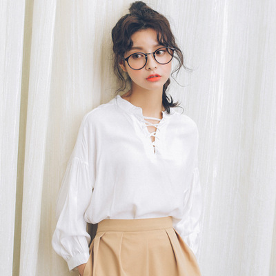 Joys九时 秋装新款韩版女式白衬衫九分袖v领绑带套头棉麻上衣女