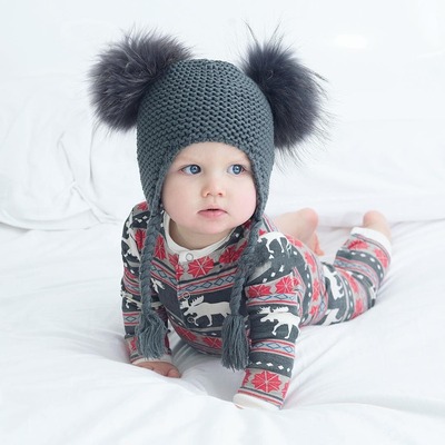 冬款韩国潮男宝宝棉毛线帽婴儿灰色护耳毛球球保暖儿童帽子针织帽