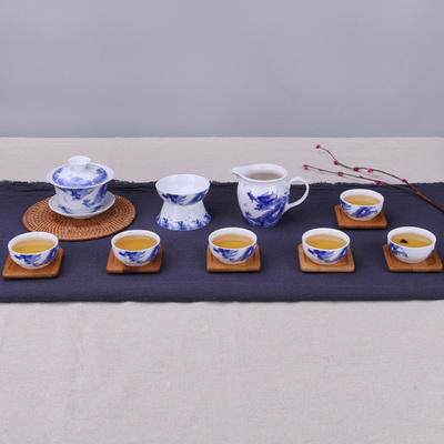 功夫茶具套装家用办公陶瓷釉下彩手绘青花9头茶具6人杯送朋友领导