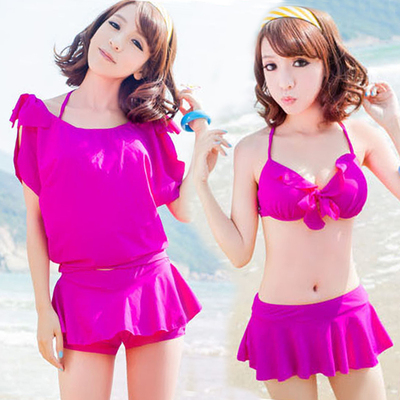 韩国bikini平角比基尼小胸钢托聚拢显瘦遮肚游泳衣装女三件套罩衫