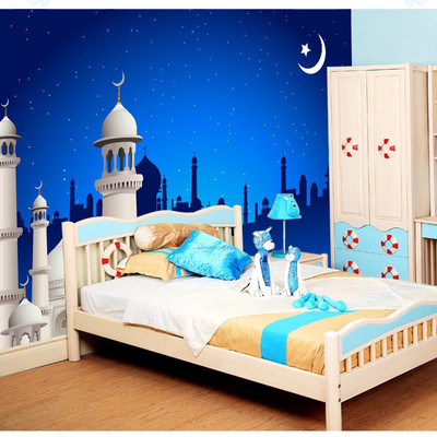 卡通3d城堡欧式壁纸 夜晚星空儿童房卧室背景墙电视墙纸大型壁画