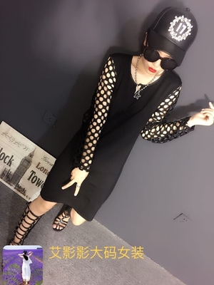 大码女装 岚格格秋季新款黑色长袖漏眼圆领韩版修身显瘦 连衣裙
