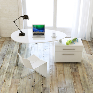 简约现代办公书桌白色钢琴烤漆时尚创意书台椭圆桌面家具