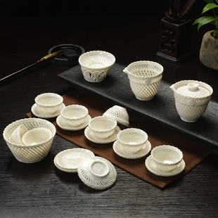 陶瓷套装茶具纯手工编织玲珑釉茶具白色透明茶具套装整套功夫茶具