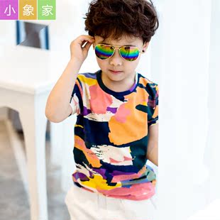 小象家童装 夏装韩版男小童圆领海滩迷彩印花短袖T恤男孩上衣体恤