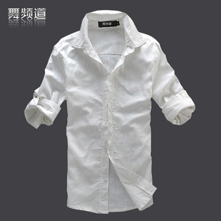 韩版夏装男士休闲亚麻白衬衫夏季修身纯色七分袖棉麻衬衣短袖男装