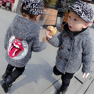 2015冬季新款童装 韩版男童大嘴呢子外套 加绒连帽中小童外套