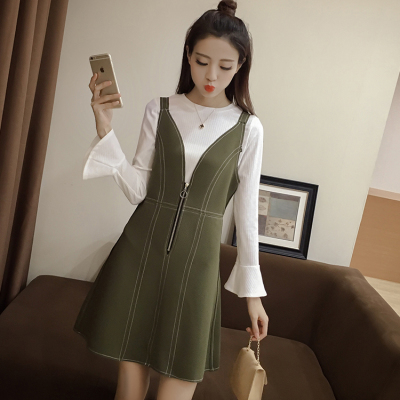 2016秋装新款女装韩版长袖针织上衣显瘦v领毛呢背带连衣裙两件套