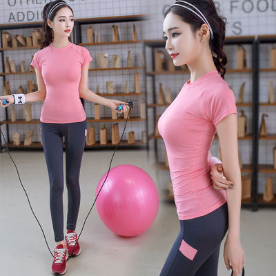 韩国新款运动修身显瘦束脚裤跑步速干短袖韩版健身女瑜伽服套装