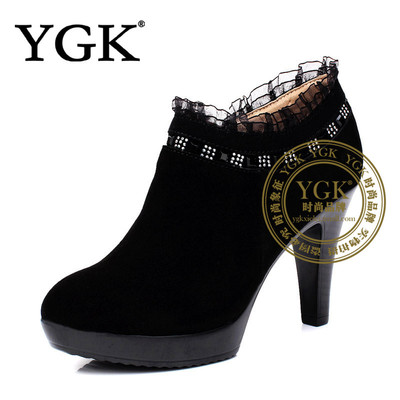 YGK 女韩版时尚新款深口圆百搭头粗跟水砖纯色低帮裸靴7450
