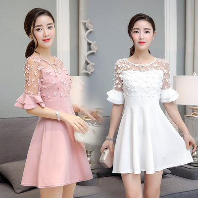 2016夏季韩版时尚气质修身显瘦荷叶袖刺绣蕾丝五分袖连衣裙