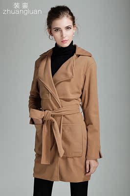 2016新款韩版东大门宽松显瘦西装领系带中长款毛呢外套呢子大衣女