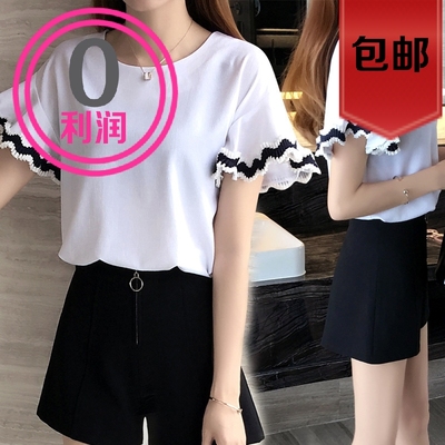 2016夏季韩版女装新款显瘦短袖修身荷叶边蝙蝠袖上衣女