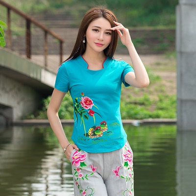 2017民族风女装夏装新款原创设计修身绣花短袖t恤 中国风复古上衣
