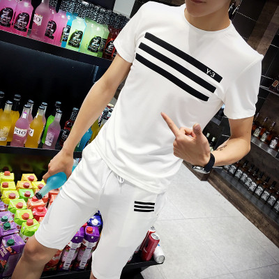 韩版夏季圆领短袖t恤男修身条纹半袖体恤青少年运动休闲套装t恤衫
